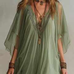 Green V-neck Layered Flowy Mini Dress