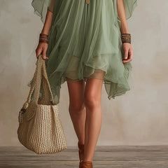 Green V-neck Layered Flowy Mini Dress