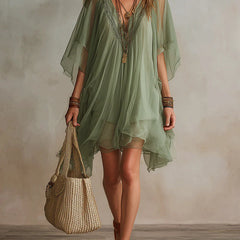Green V-neck Layered Flowy Mini Dress