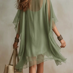 Green V-neck Layered Flowy Mini Dress