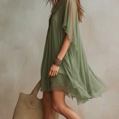 Green V-neck Layered Flowy Mini Dress