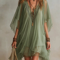 Green V-neck Layered Flowy Mini Dress