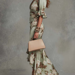 Anna - Asymmetrical long dress in green satin with V-neck, flared puff sleeves, and floral pattern