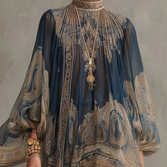 Navy Blue Baroque Print High-neck Irregular Mini Dress