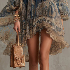 Navy Blue Baroque Print High-neck Irregular Mini Dress