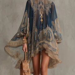 Navy Blue Baroque Print High-neck Irregular Mini Dress