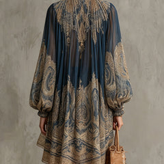 Navy Blue Baroque Print High-neck Irregular Mini Dress