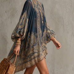 Navy Blue Baroque Print High-neck Irregular Mini Dress