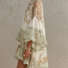 Green Print Ruffle Hem Flounce Sleeve Mini Dress