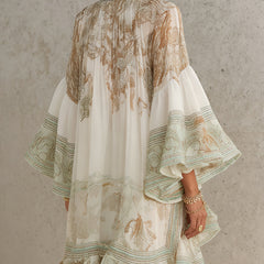 Green Print Ruffle Hem Flounce Sleeve Mini Dress