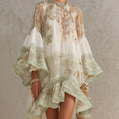 Green Print Ruffle Hem Flounce Sleeve Mini Dress