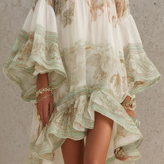Green Print Ruffle Hem Flounce Sleeve Mini Dress