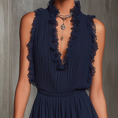 Navy Ruffle Trim Pleated Jumpsuit