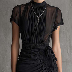 Black Pleated Waist Lace-trimmed Mini Dress