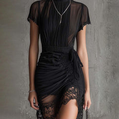 Black Pleated Waist Lace-trimmed Mini Dress