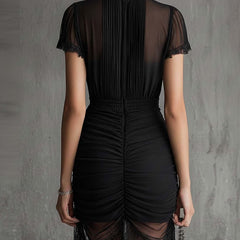 Black Pleated Waist Lace-trimmed Mini Dress