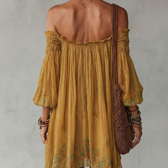 Yellow Chiffon Floral Off Shoulder Mini Dress