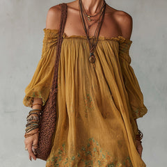 Yellow Chiffon Floral Off Shoulder Mini Dress