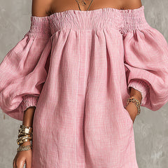 Pink Off-shoulder Lantern Sleeve A-line Loose Mini Dress