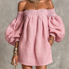Pink Off-shoulder Lantern Sleeve A-line Loose Mini Dress