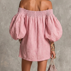 Pink Off-shoulder Lantern Sleeve A-line Loose Mini Dress