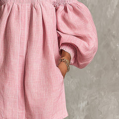 Pink Off-shoulder Lantern Sleeve A-line Loose Mini Dress
