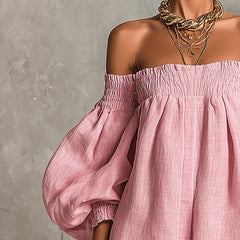 Pink Off-shoulder Lantern Sleeve A-line Loose Mini Dress