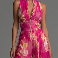 Zsófia Jumpsuit | Fuchsia Floral Pleated Chiffon