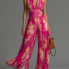 Zsófia Jumpsuit | Fuchsia Floral Pleated Chiffon