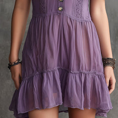 Purple Puff-sleeved Ruffled Button-down Chiffon Mini Dress
