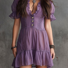 Purple Puff-sleeved Ruffled Button-down Chiffon Mini Dress