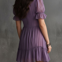 Purple Puff-sleeved Ruffled Button-down Chiffon Mini Dress