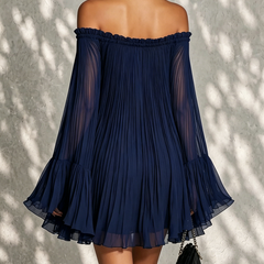 Navy Off-shoulder Ruffled Bell Sleeve Mini Dress