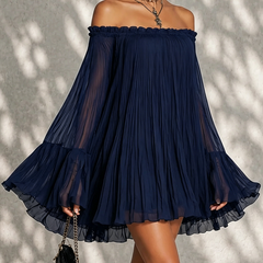 Navy Off-shoulder Ruffled Bell Sleeve Mini Dress