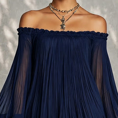 Navy Off-shoulder Ruffled Bell Sleeve Mini Dress