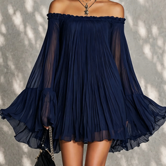 Navy Off-shoulder Ruffled Bell Sleeve Mini Dress