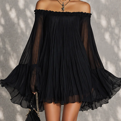Black Off-shoulder Ruffled Bell Sleeve Mini Dress