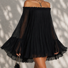 Black Off-shoulder Ruffled Bell Sleeve Mini Dress