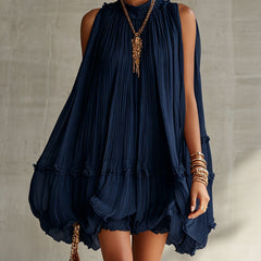 Navy Halter Neck Ruffled Chiffon Bubble Mini Dress