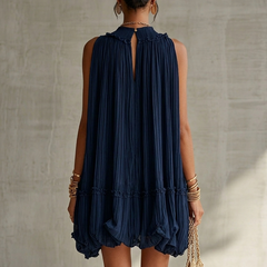 Navy Halter Neck Ruffled Chiffon Bubble Mini Dress