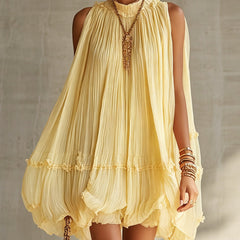 Yellow Halter Neck Ruffled Chiffon Bubble Mini Dress
