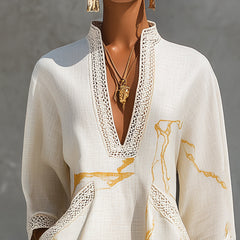 Ivory Gold Printed V-neck Mini Dress