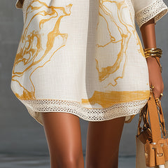 Ivory Gold Printed V-neck Mini Dress