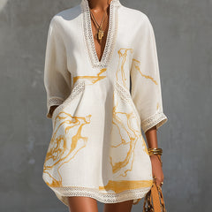 Ivory Gold Printed V-neck Mini Dress