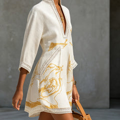 Ivory Gold Printed V-neck Mini Dress