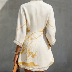 Ivory Gold Printed V-neck Mini Dress
