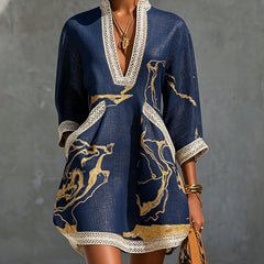 Navy Gold Printed V-neck Mini Dress