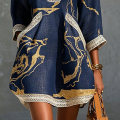 Navy Gold Printed V-neck Mini Dress