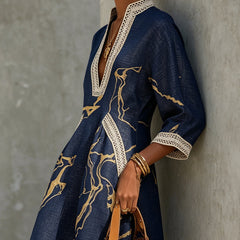 Navy Gold Printed V-neck Mini Dress