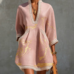 Pink Gold Printed V-neck Mini Dress